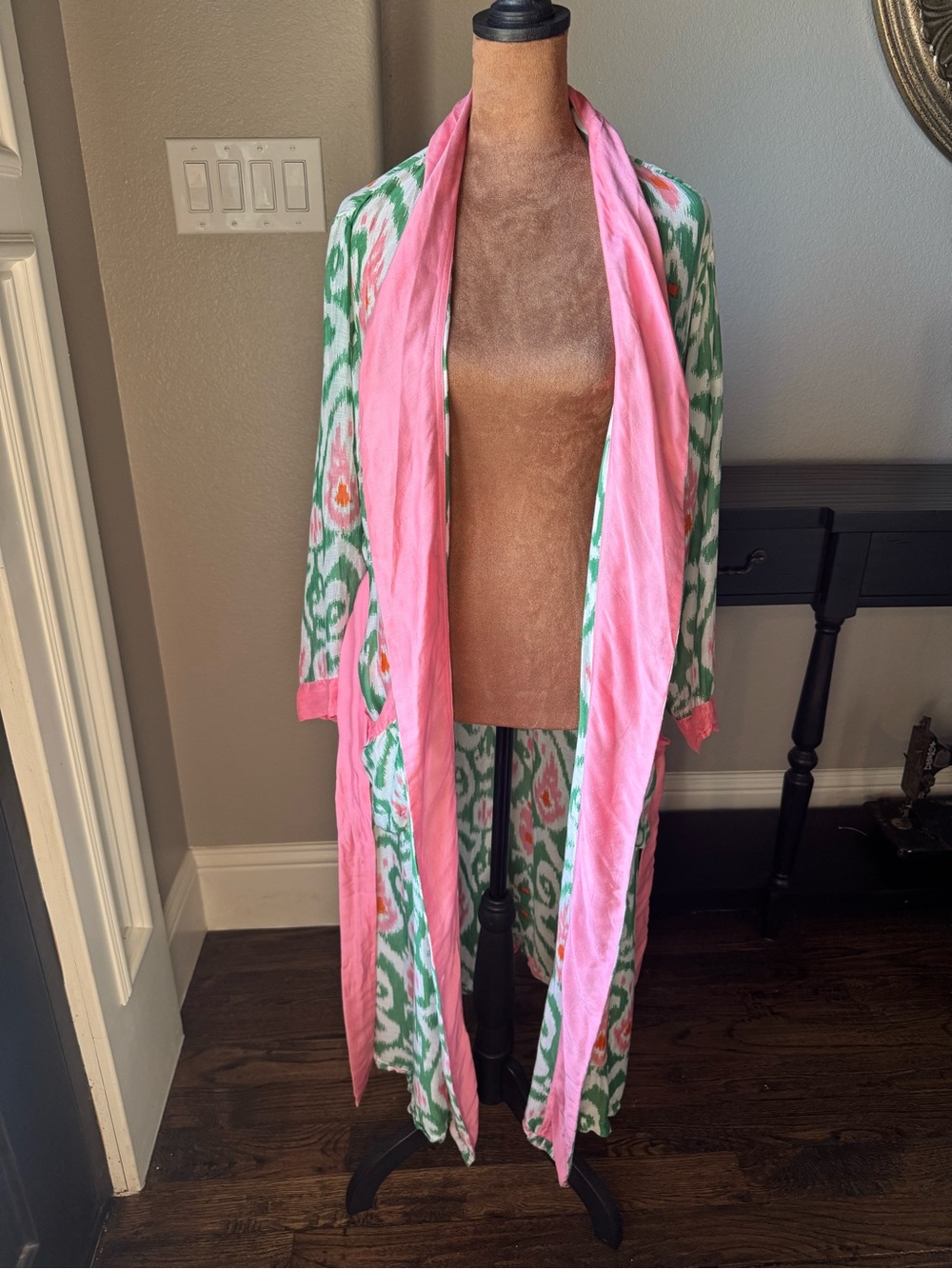 One Hundred Stars Ikat Robe Kimono Duster Pink Green Belted Modal Viscose OS - Picture 7 of 13